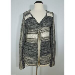 MYSTREE Knit Cardigan Sweater L LARGE Womens Lace Embellished Black Creme